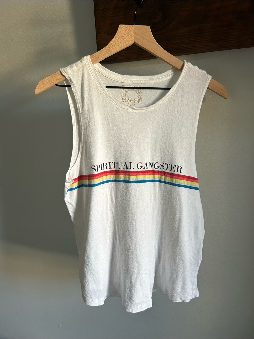 Spiritual Gangster White Tank with Rainbow Stripe